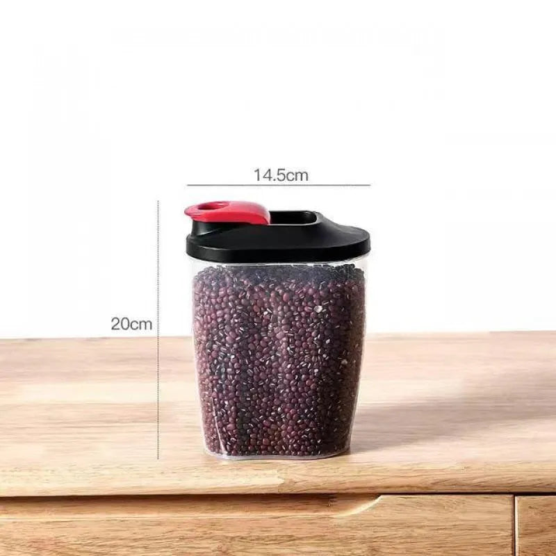 A polypropylene rice bucket with a metering lid on a kitchen countertop, available in black, blue, or grey colours with 5–6L capacity.