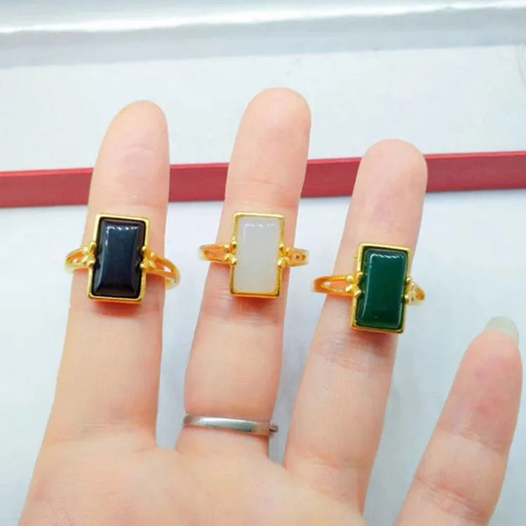 Adjustable brass gold-plated live ring with inlaid gemstone in national style design