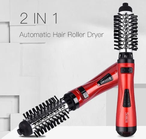 Red EU professional 2-in-1 hair dryer rotary brush with 3-speed temperature control and rotating cord