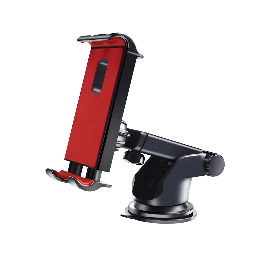 Black universal tablet PC car stand bracket clamped to dashboard centre console holding a tablet