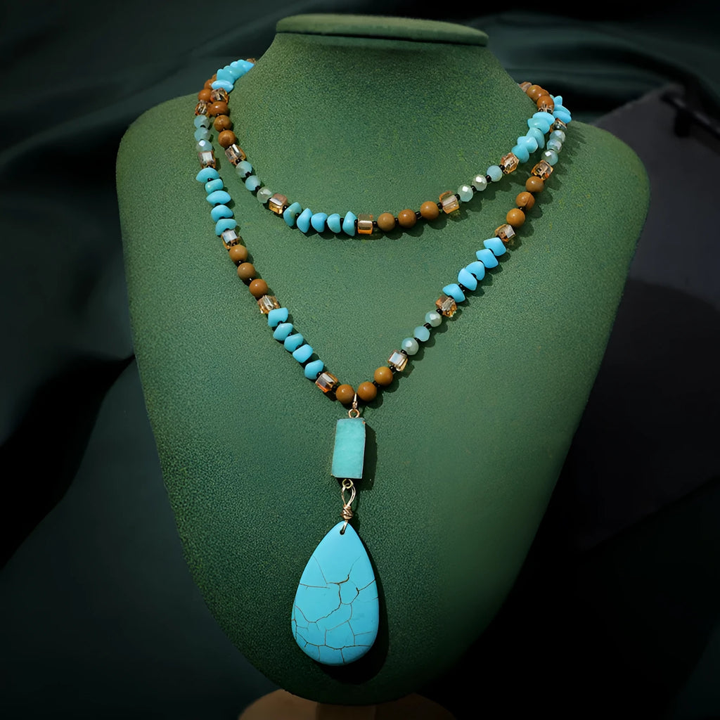 Turquoise blue imitation mineral pendant necklace with geometric design on adjustable ball bead chain