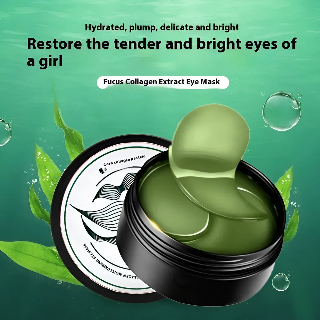 Pack of 60 seaweed collagen essence eye mask tablets on a sheet with ink horn adhesive.