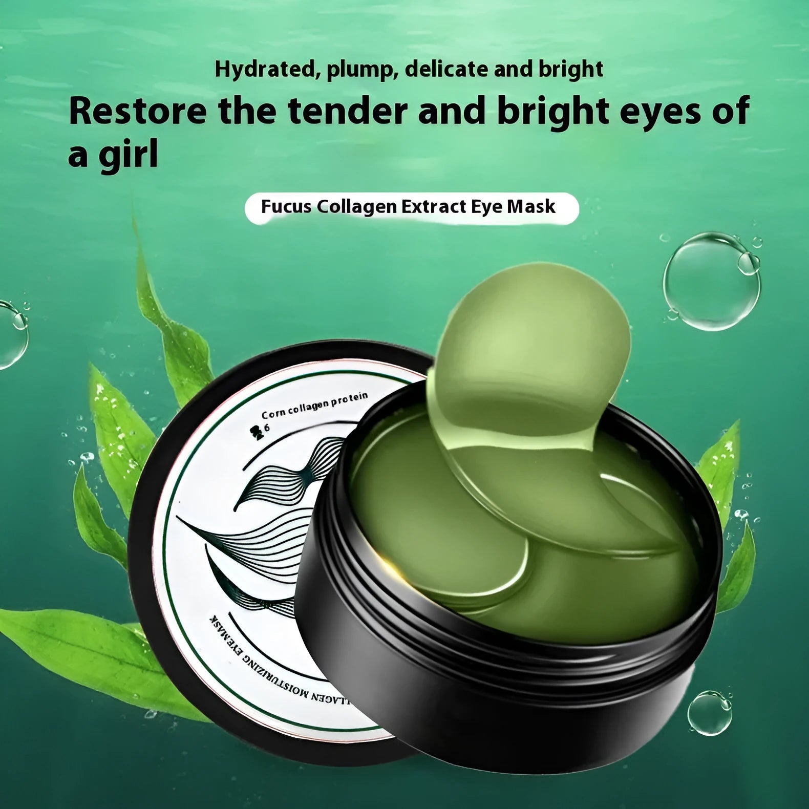 Pack of 60 seaweed collagen essence eye mask tablets on a sheet with ink horn adhesive.