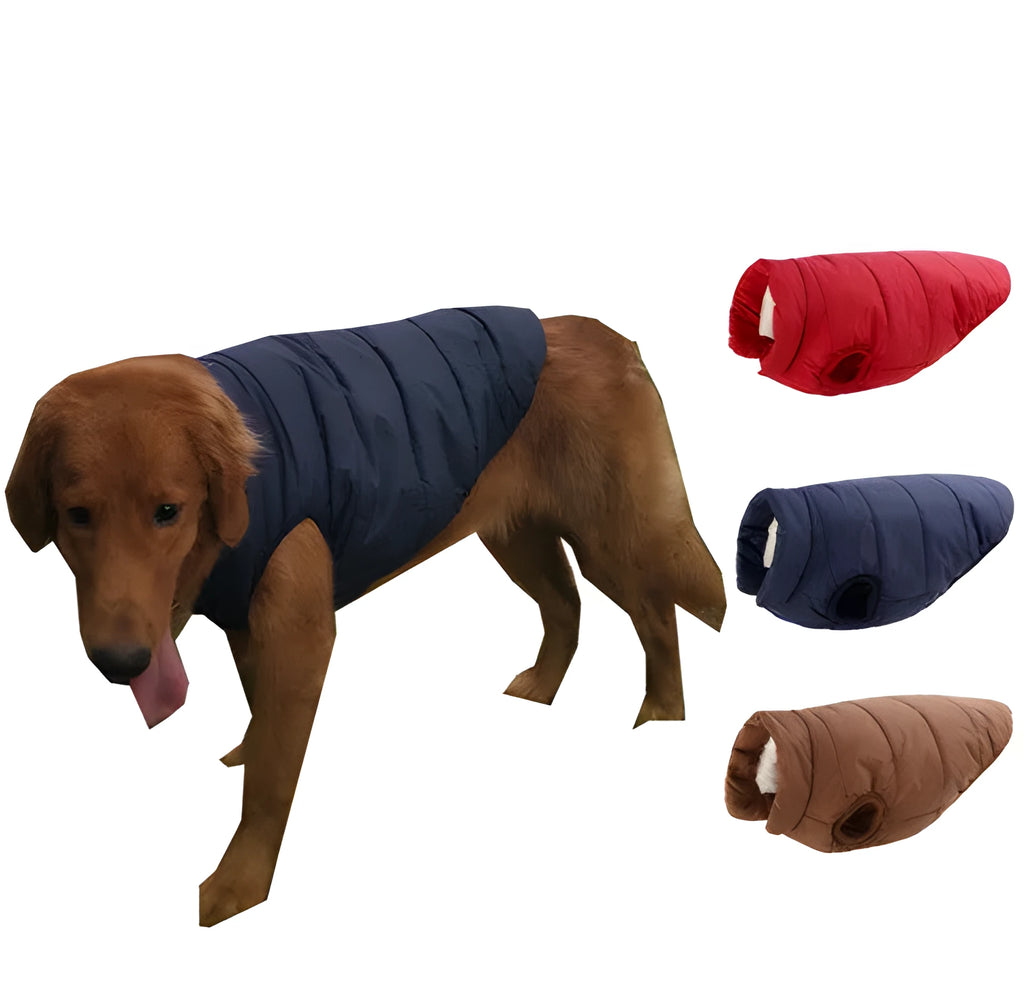 Waterproof polyester dog jacket in brown laying flat showing front view with zip closure