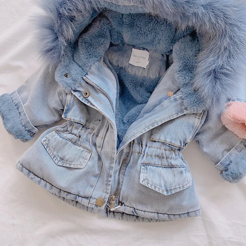 Girls blue denim coat with attached hood and plus velvet lining