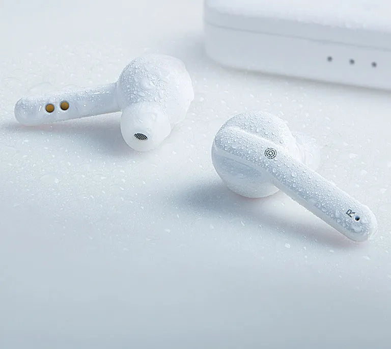 Black and white TWS true wireless earbuds with Bluetooth 5.0 and IPX5 waterproof rating