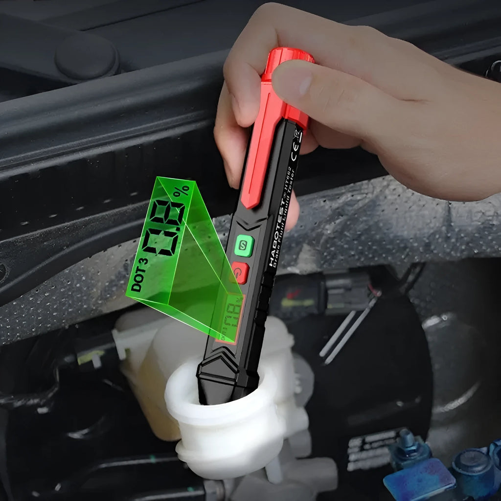 Digital brake fluid tester pen with LCD screen, batteries, and manual in box.