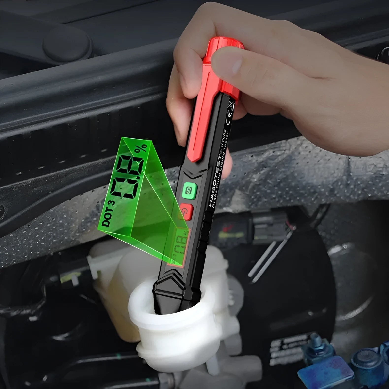 Digital brake fluid tester pen with LCD screen, batteries, and manual in box.