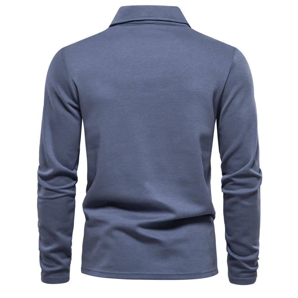 Men's long-sleeved polo shirt with lapel collar in dark grey, showing solid colour and cotton blend fabric