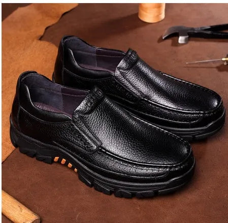 Men's black and brown business casual slip-on loafers with cowhide leather upper and rubber sole