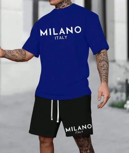Polyester short sleeve suit set with matching shorts in multiple colours on a hanger.