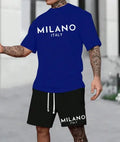 Polyester short sleeve suit set with matching shorts in multiple colours on a hanger.
