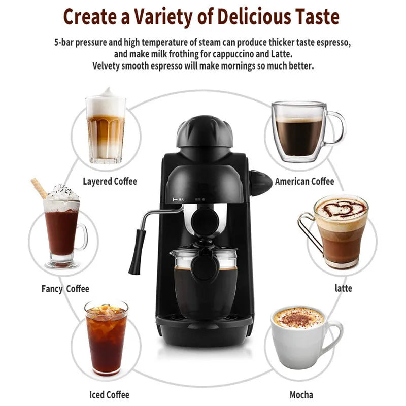 Black home mini espresso machine, semi-automatic steam type, 5 cup capacity, EU model, 220-240V, 730-800W, Italian style.