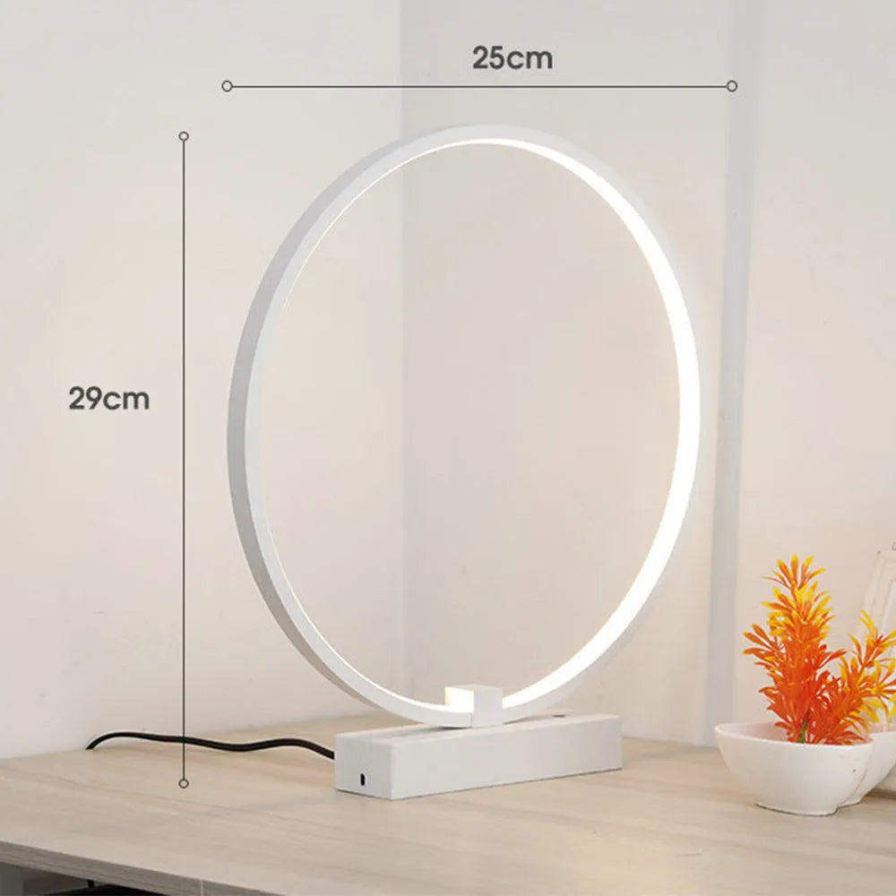 White circular LED bedside lamp, 25cm diameter, iron base and acrylic frame, for bedroom or living room
