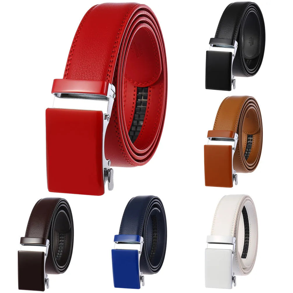 Men's cowhide automatic buckle business belt in black on a neutral background showing the buckle.