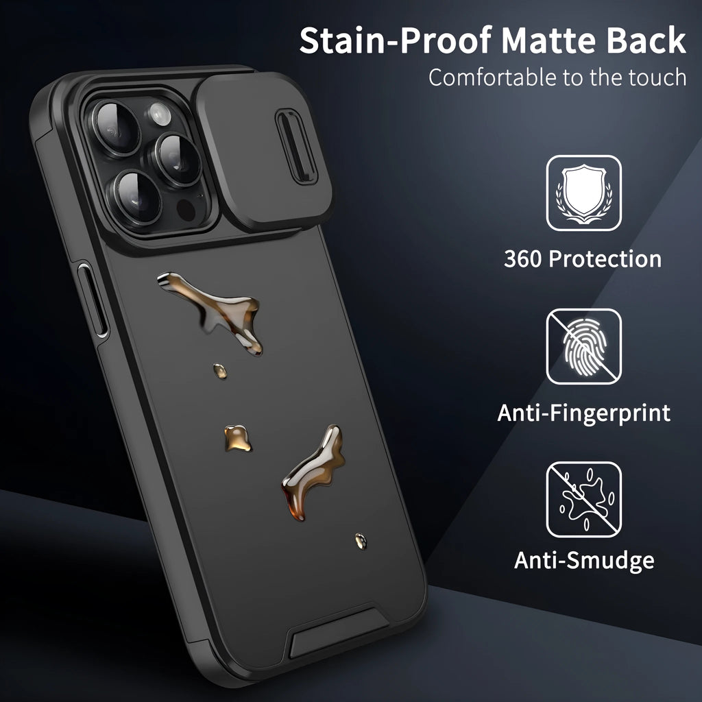 Frosted TPU PC sliding window phone case in black for iPhone 14 Pro Max with shockproof drop protection