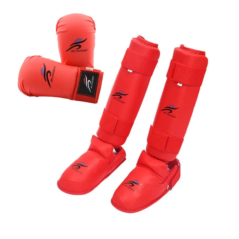 Karate taekwondo protective gear set with leg guards, helmet and boxing gloves in red or blue colours