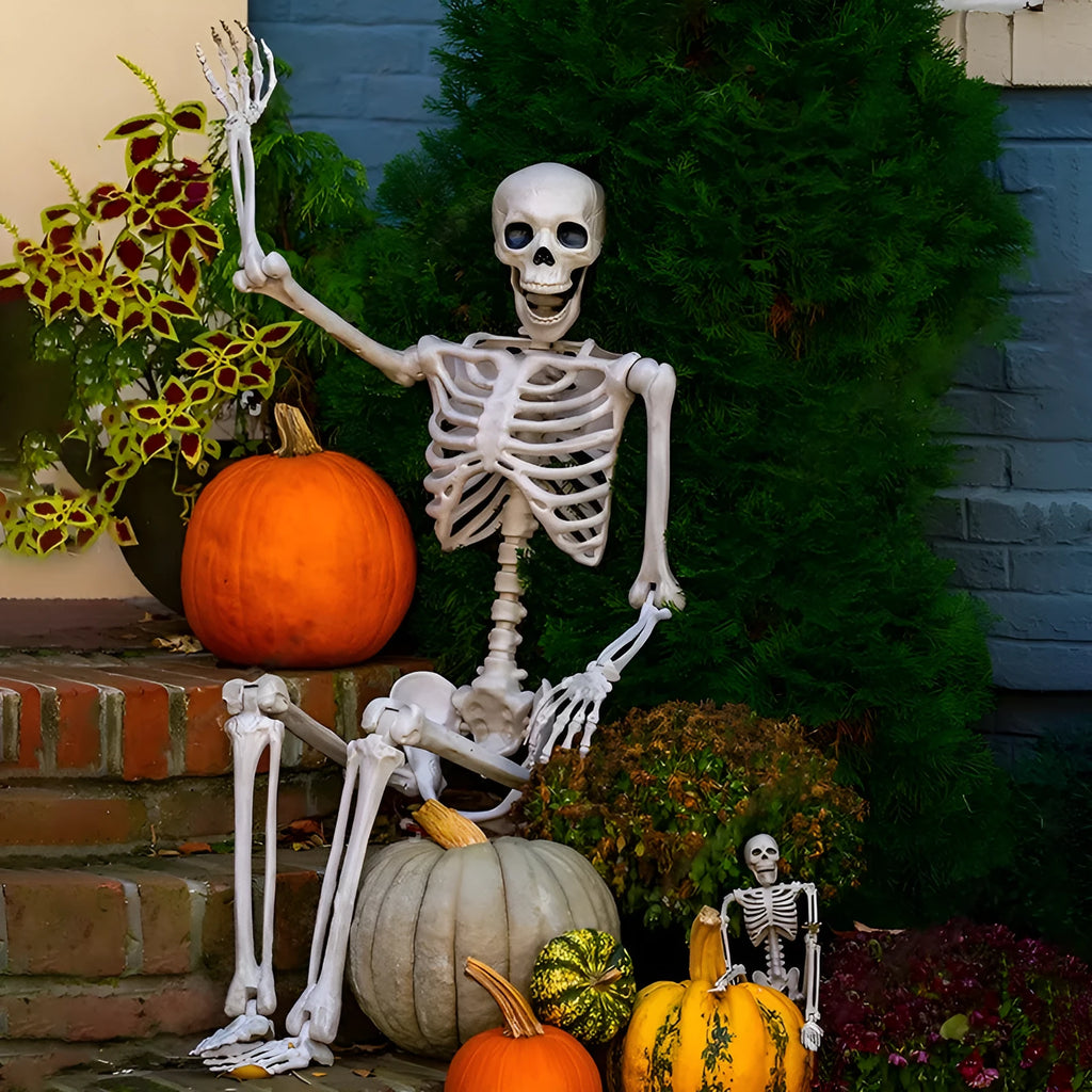 90cm tall posable plastic skeleton model for Halloween decoration displayed in a dynamic pose.