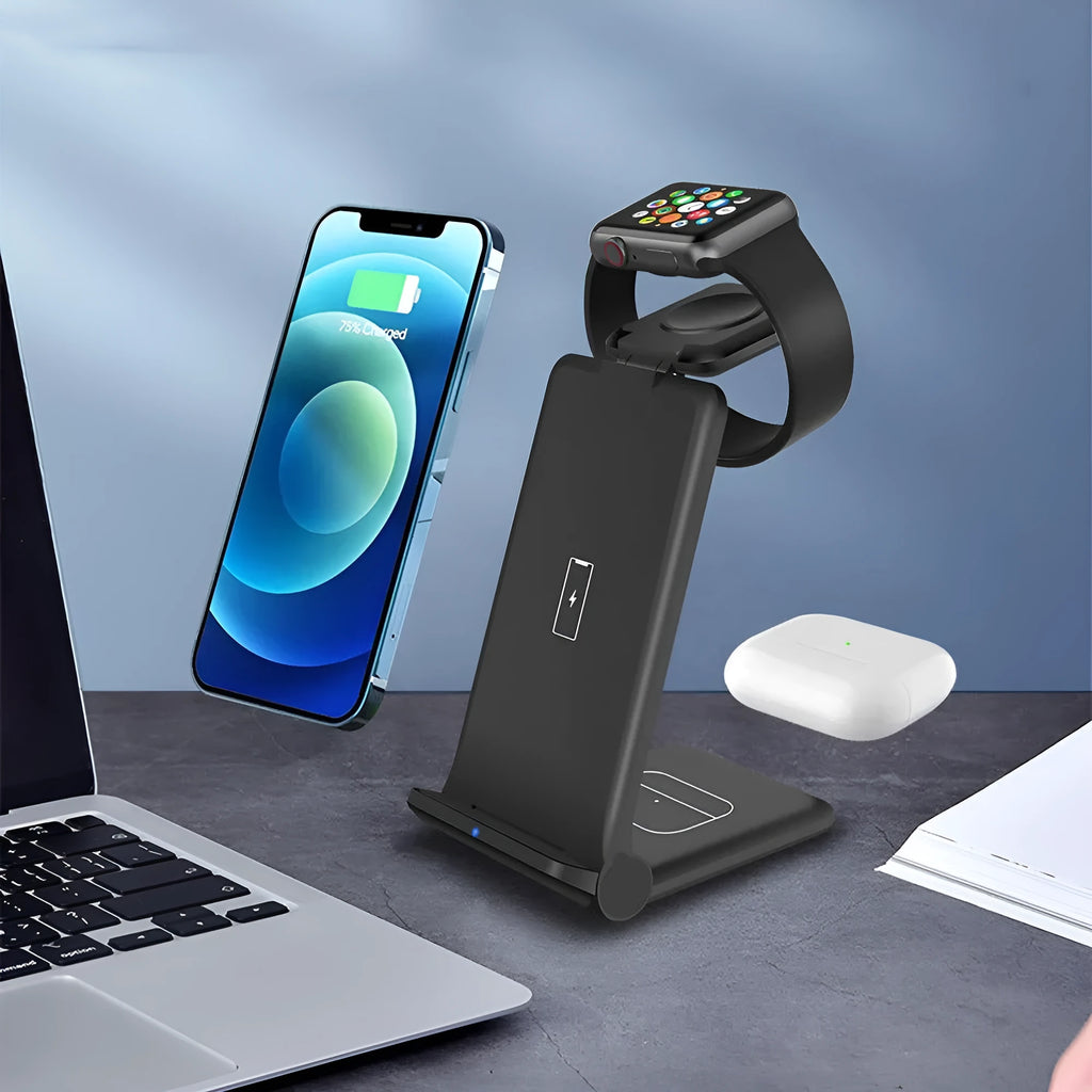 White 3-in-1 wireless charging station folded, charging an iPhone, AirPods case, and Apple Watch.