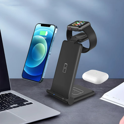 White 3-in-1 wireless charging station folded, charging an iPhone, AirPods case, and Apple Watch.