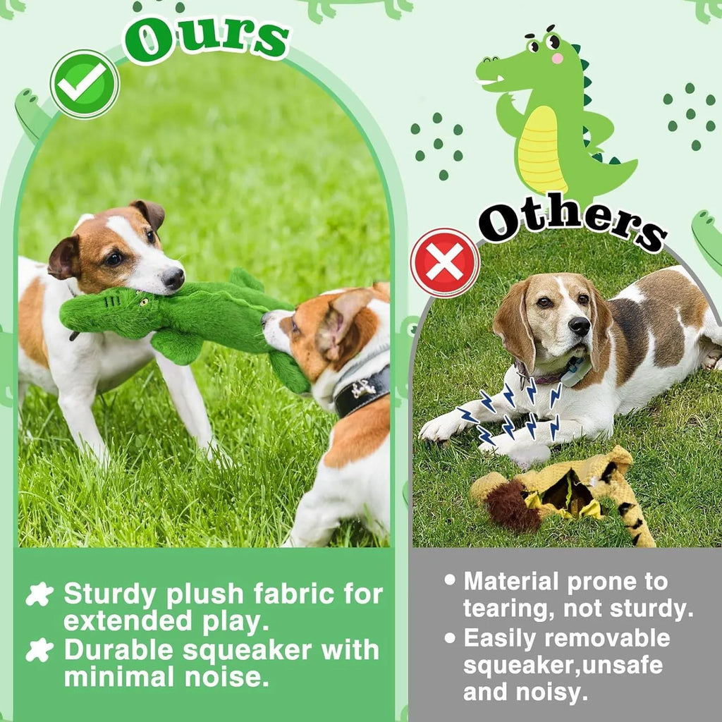 Green crocodile plush dog toy with no stuffing design for aggressive chewers
