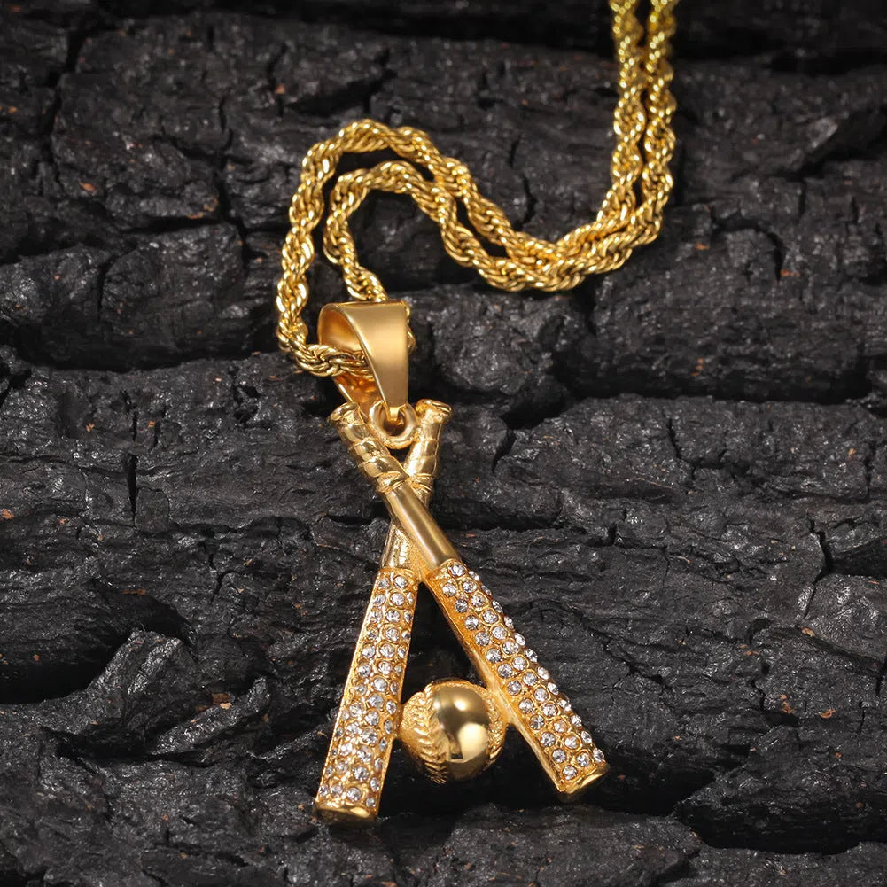 Gold alloy baseball bat pendant necklace for men with diamond processing finish and baseball design