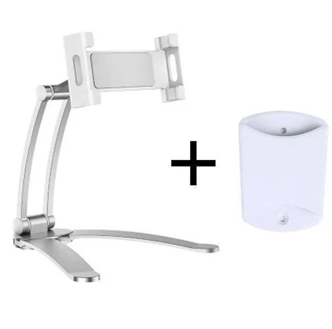Silver aluminum alloy desktop tablet stand with white mount holding a tablet at an angle