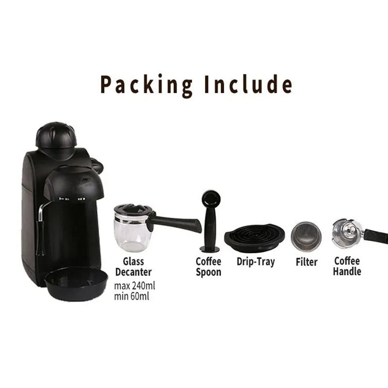 Black home mini espresso machine, semi-automatic steam type, 5 cup capacity, EU model, 220-240V, 730-800W, Italian style.
