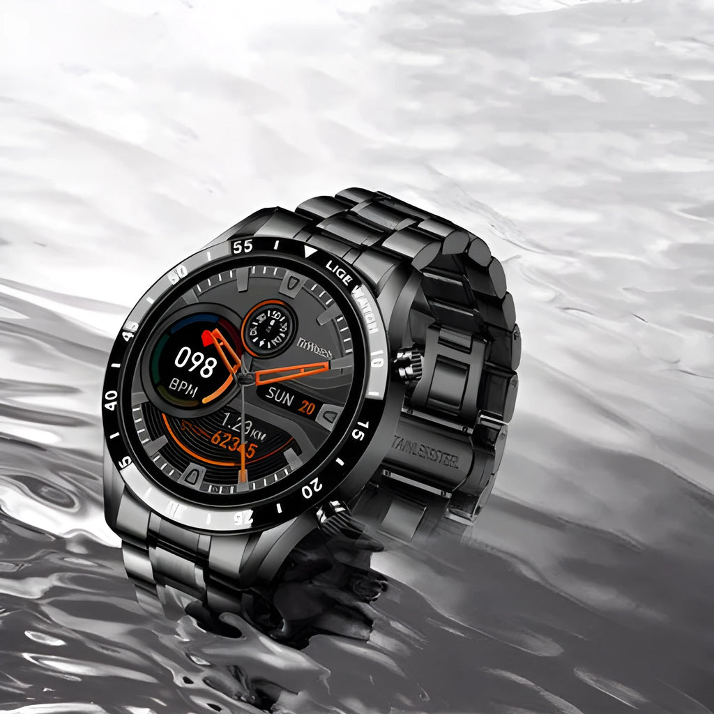 Smart watch with stainless steel band and 1.3-inch touch screen displaying step count.