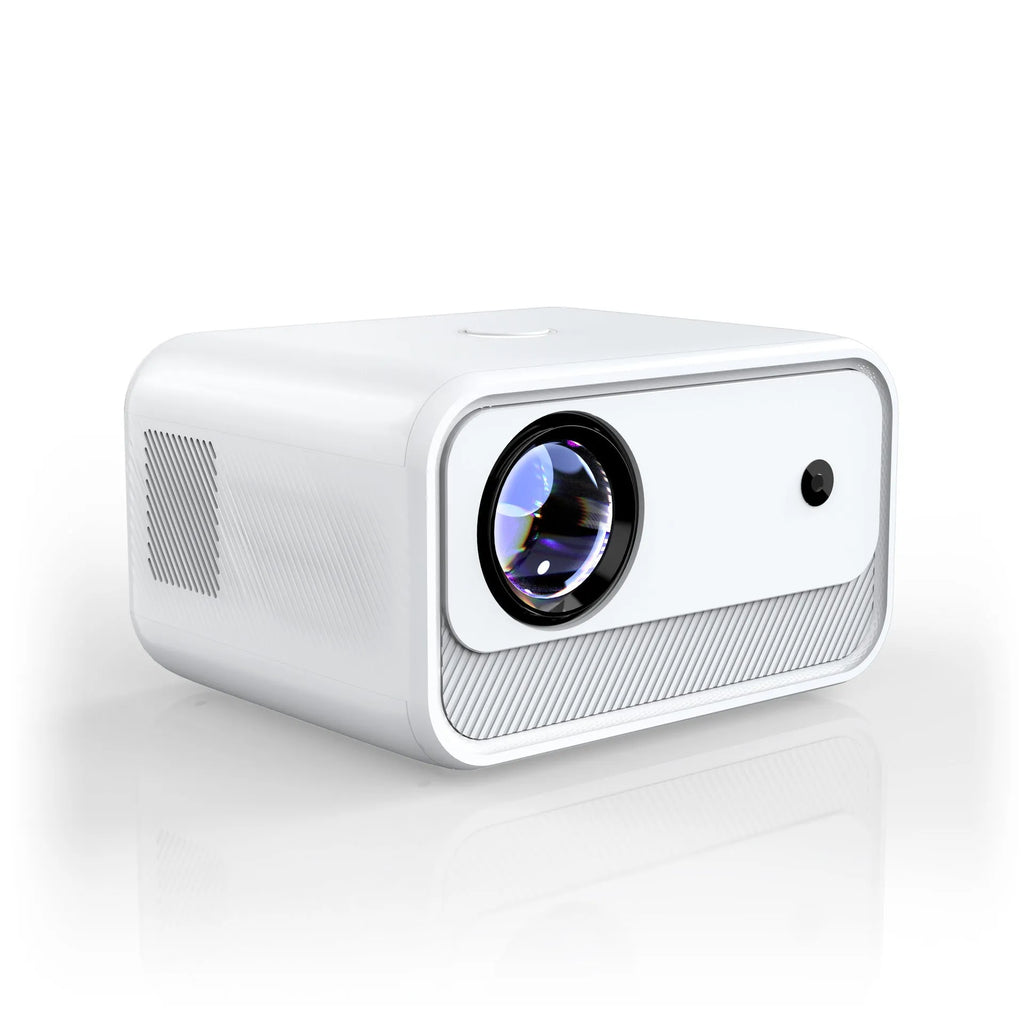 White home office HD projector with electric focus, 1080p resolution, 300 lumens on desk