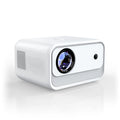 White home office HD projector with electric focus, 1080p resolution, 300 lumens on desk