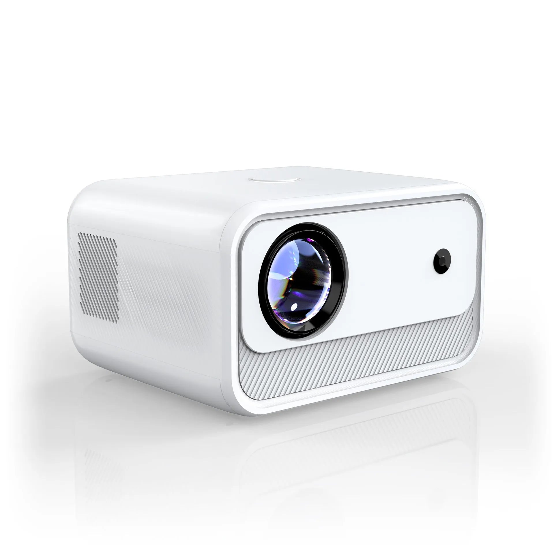 White home office HD projector with electric focus, 1080p resolution, 300 lumens on desk