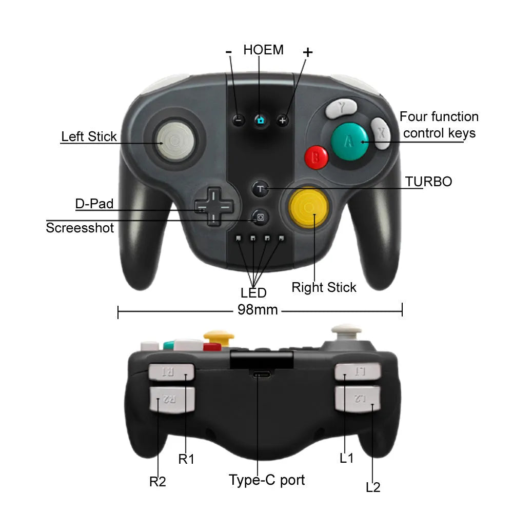Black wireless gamepad controller with colourful packaging for Nintendo Switch and Windows PC
