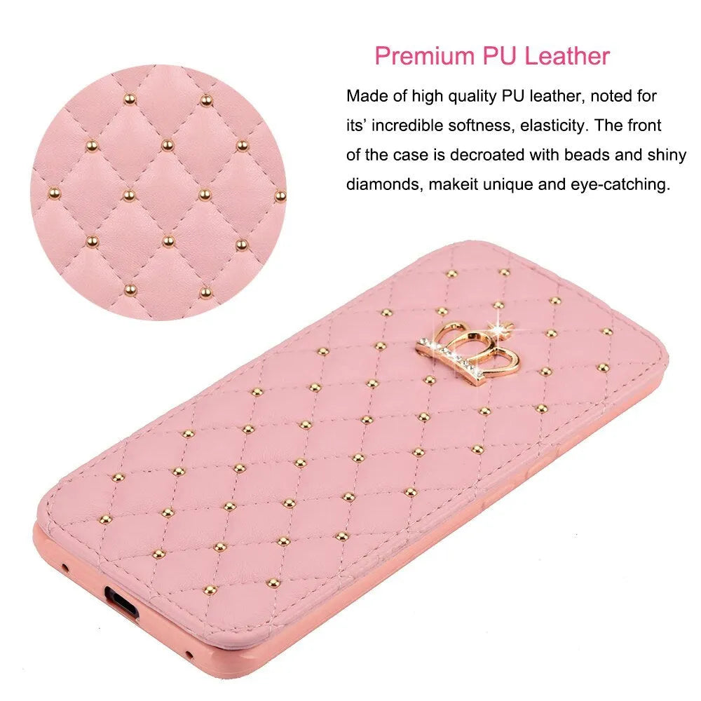 Crown Card Leather Case for Samsung Galaxy phone in flip style with card holder, black colour