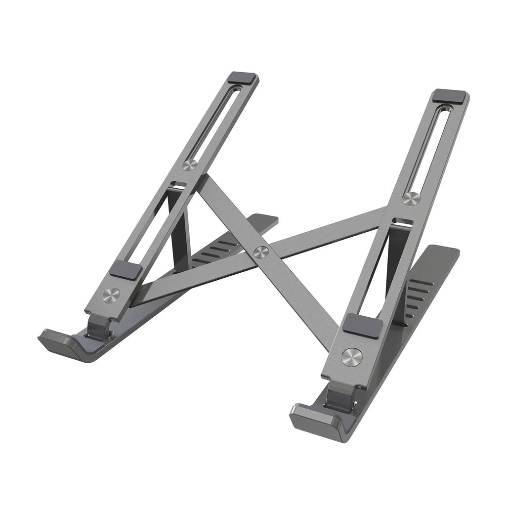 Silver aluminium alloy portable laptop stand with six-gear adjustment folded on a desk