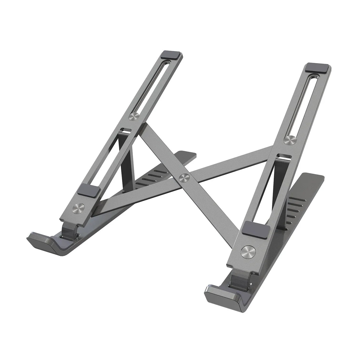 Silver aluminium alloy portable laptop stand with six-gear adjustment folded on a desk