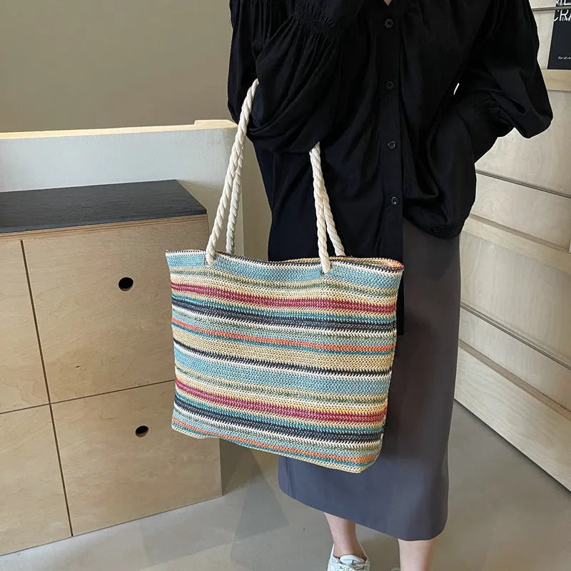 Blue woven nylon shoulder bag with large capacity and polyester lining