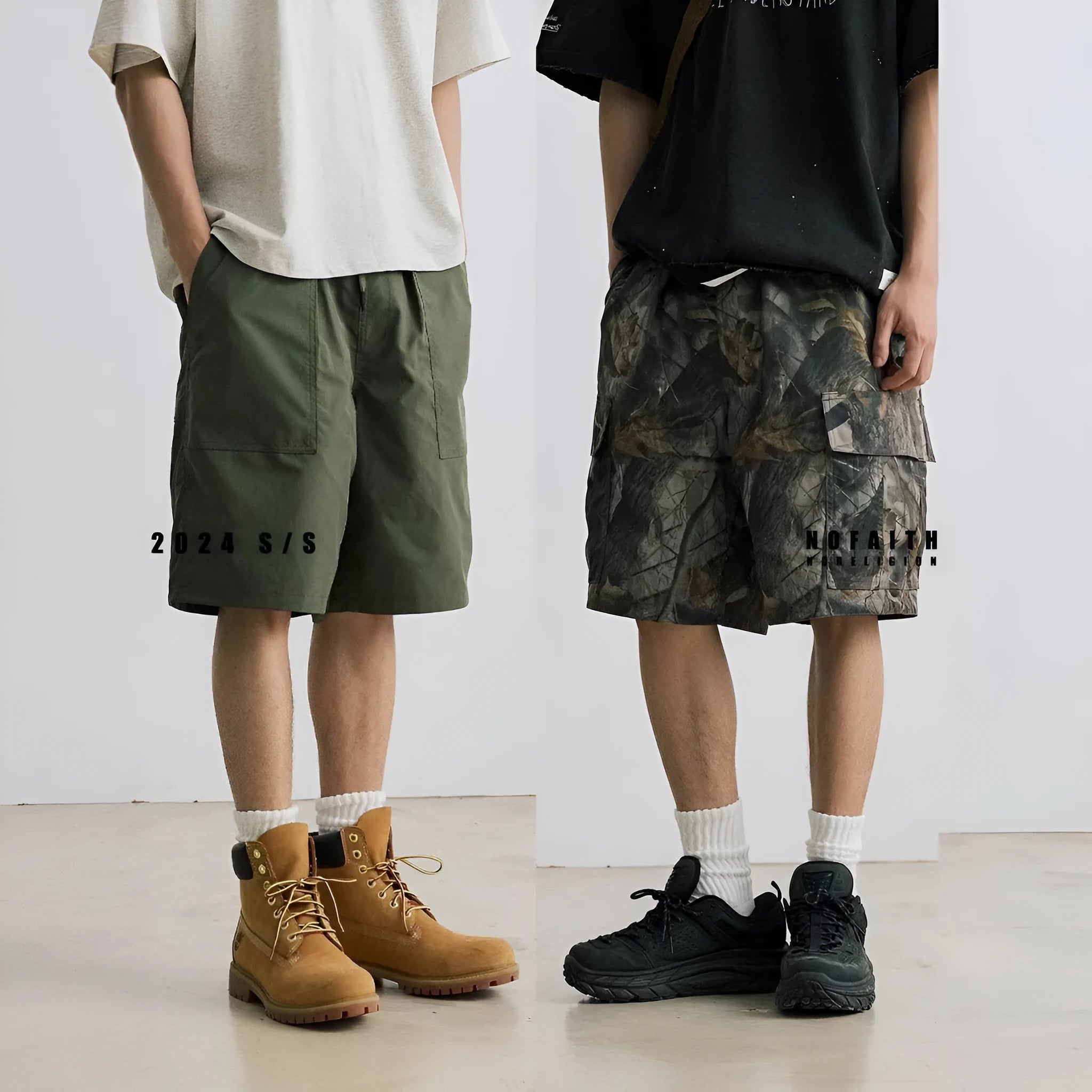 Men's loose straight-leg denim shorts with elastic waist in black or army green colour