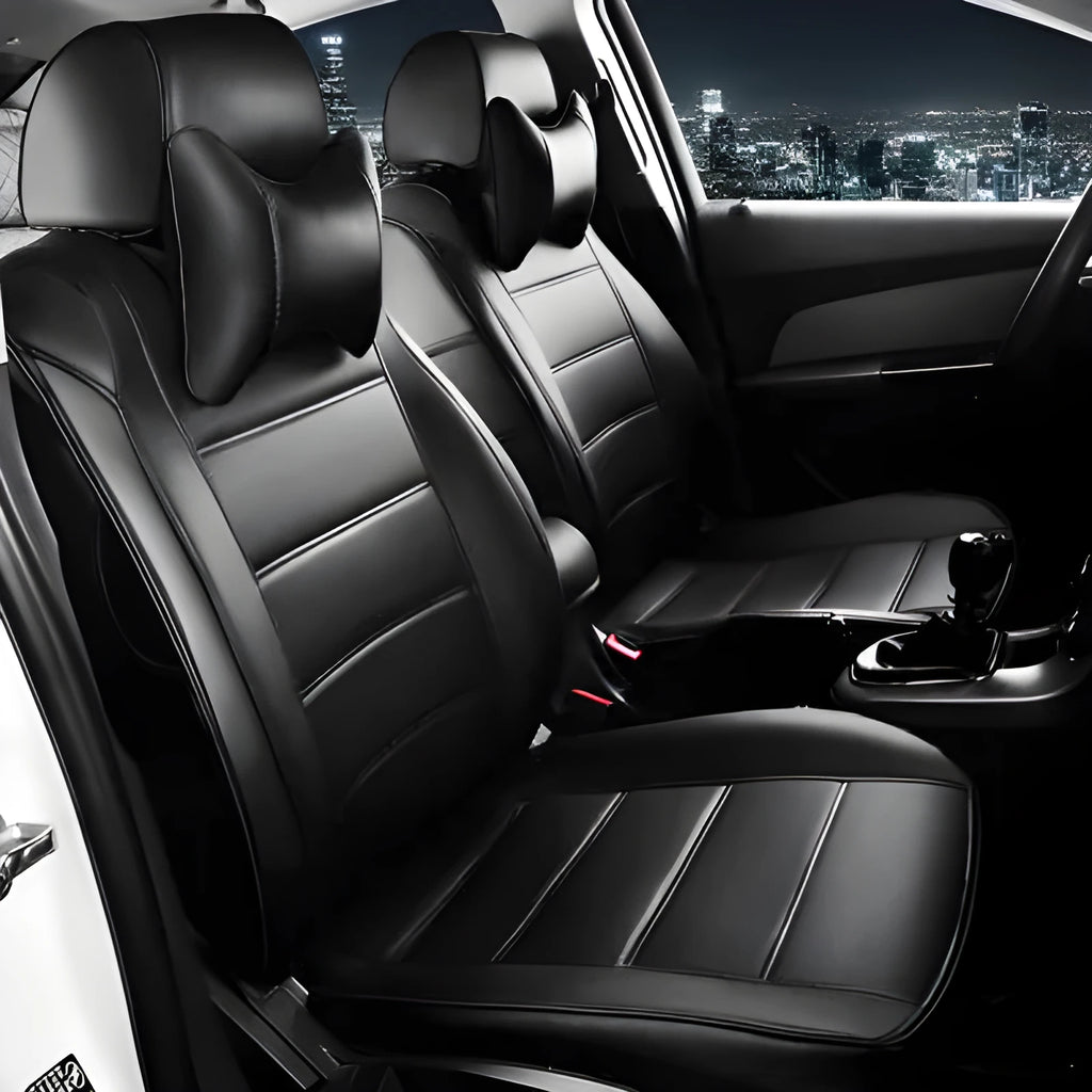 Universal fit leather car seat cover in binding style, shown in beige, black with red line, and black with red colour options.