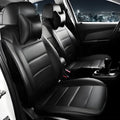 Universal fit leather car seat cover in binding style, shown in beige, black with red line, and black with red colour options.