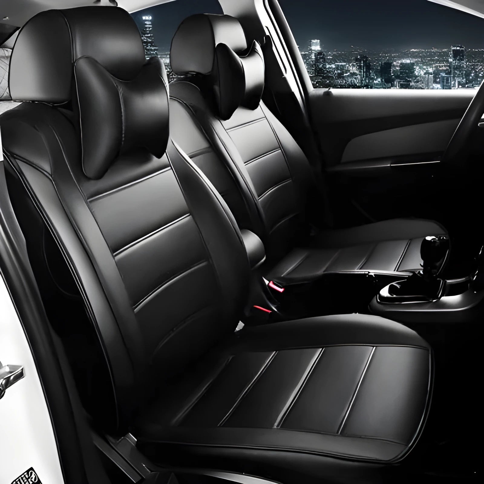 Universal fit leather car seat cover in binding style, shown in beige, black with red line, and black with red colour options.