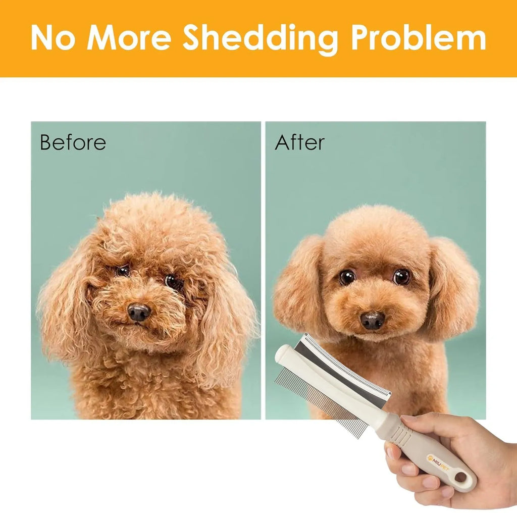 White double-sided dog and cat brush with ergonomic handle showing comb and deshedding sides