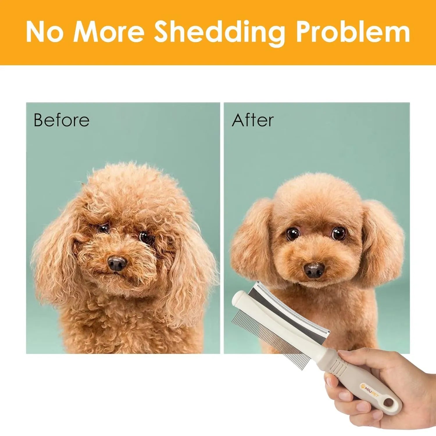 White double-sided dog and cat brush with ergonomic handle showing comb and deshedding sides