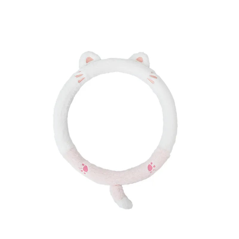 Plush rabbit fur steering wheel cover with embroidered cartoon animal design for winter thermal comfort