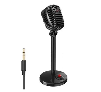 Black USB computer microphone on an adjustable stand with a foam windscreen and long cable.
