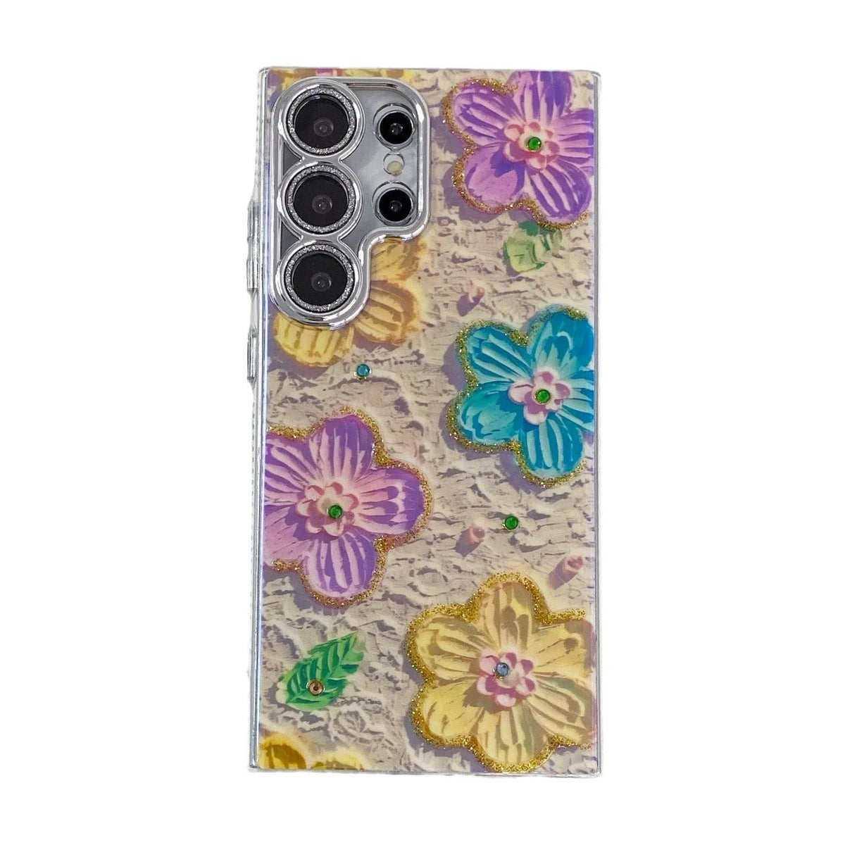 Rhinestone oil painting flower Samsung phone case, TPU acrylic anti-wear back cover with lens fine hole and electroplated finish