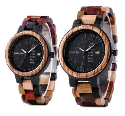 Men's casual wooden quartz watch with 45mm round dial, week calendar, wood strap, and stainless steel buckle
