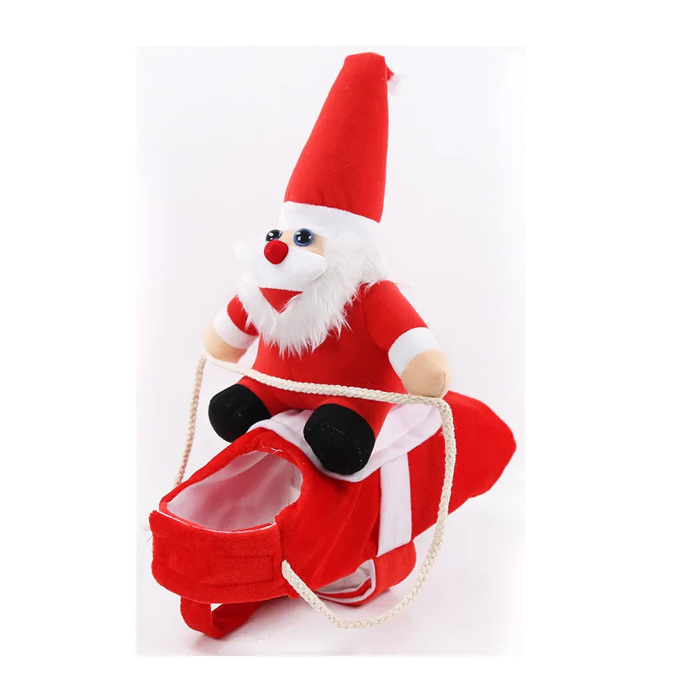 Santa Claus horseback riding pet costume in cloth, styles Brown, Christmas doll, Old man doll, sizes S to XL.