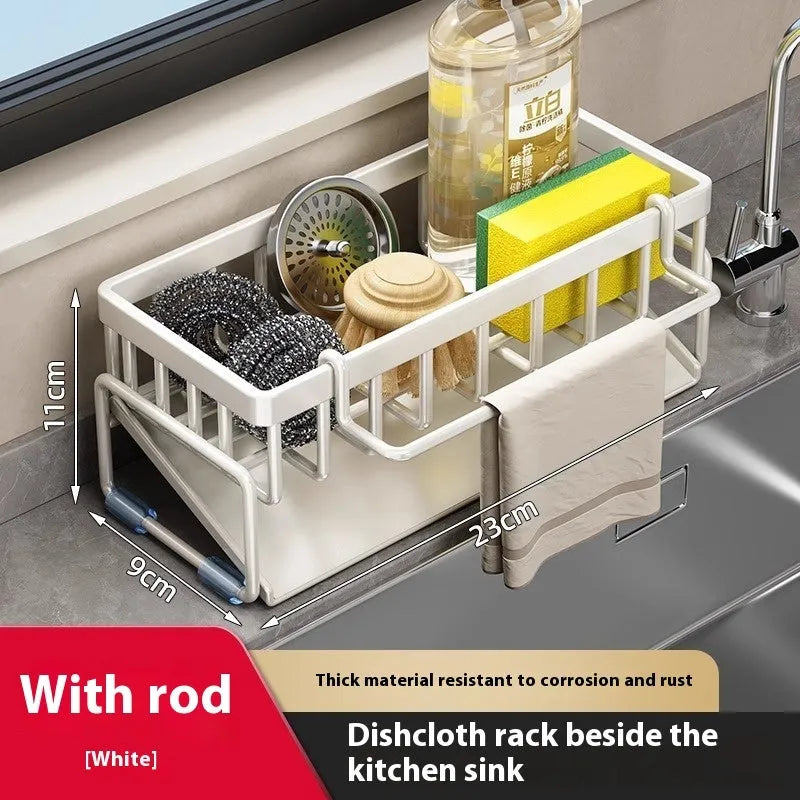 Kitchen sink rag draining rack in carbon steel with three colour options placed beside sink