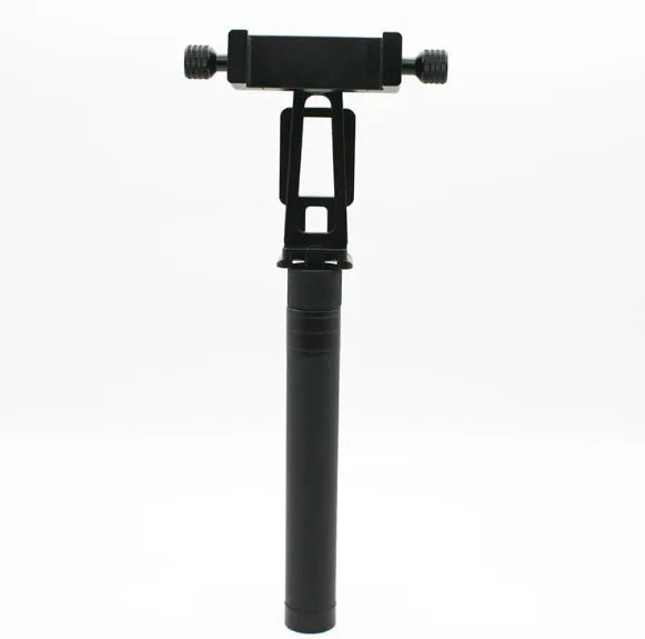 Black retractable selfie stick with handheld stabilizer grip extended for smartphone photography